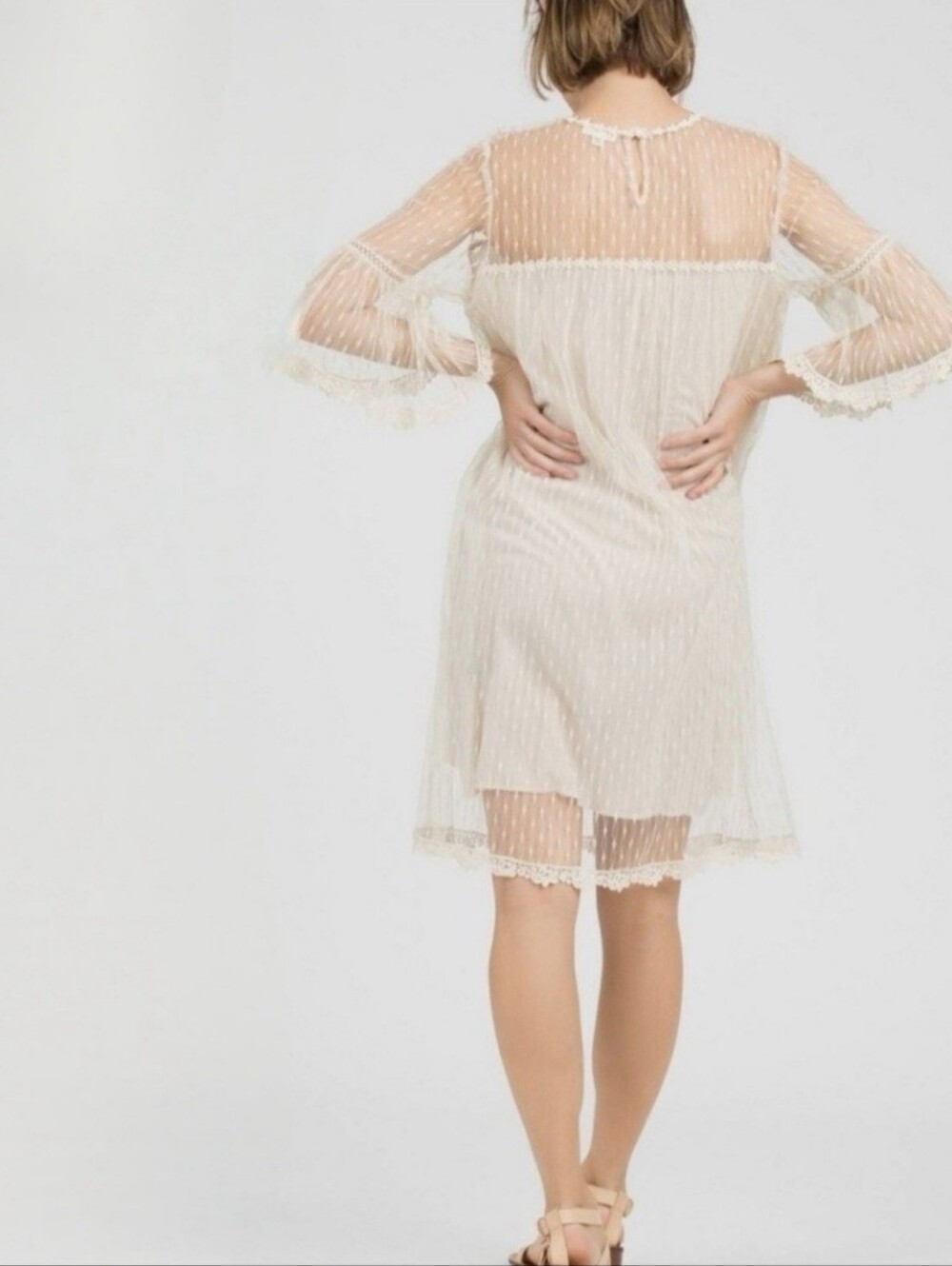 POL Sheer Ivory Lace Floral Embroidered Overlay Dress With Belle Sleeves Sz S - Picture 5 of 16